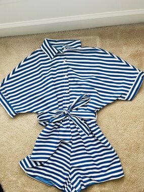 NEW SHEIN Women’s Chiquease Blue/White Striped Batwing Sleeve Casual Jumpsuit XS